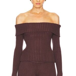 Guizio Thalia Off-Shoulder Ribbed Brown Sweater